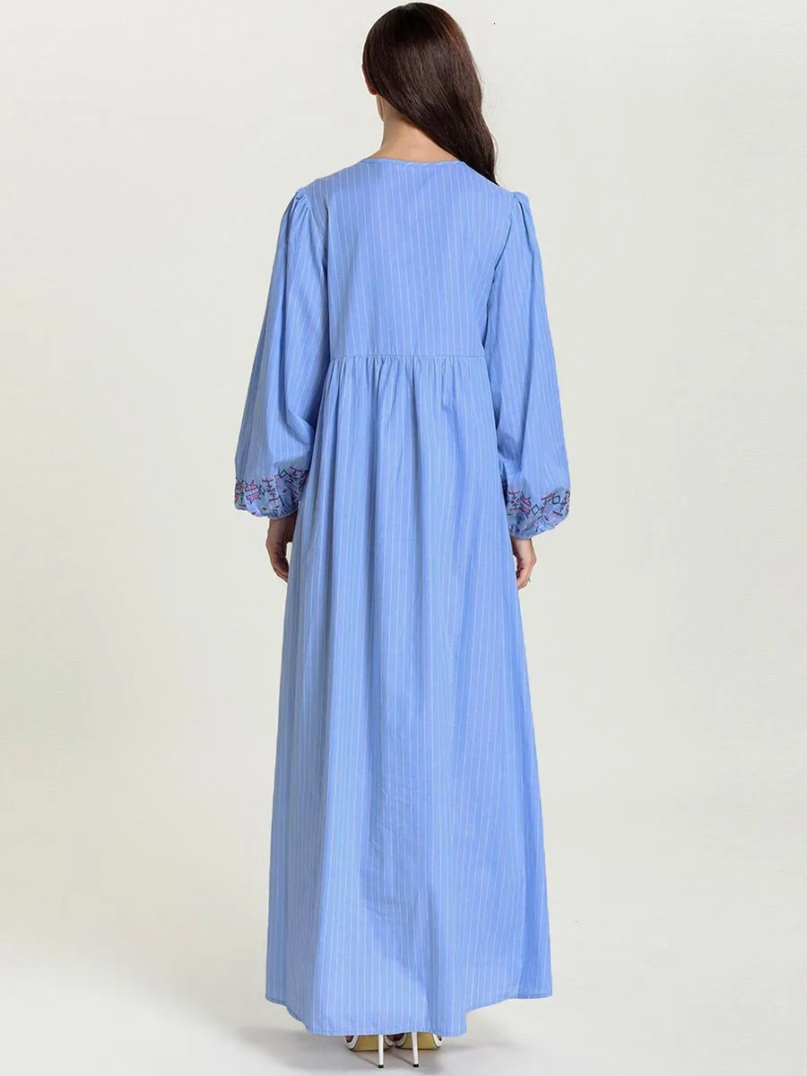 Abayas Дубай синяя полоса вышивка арабское платье для отдыха миди Исламская одежда