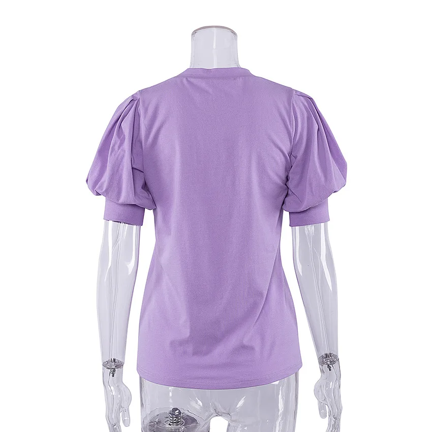 

2020 Summer puff sleeve purple round neck pleated cotton short sleeve T-shirt women