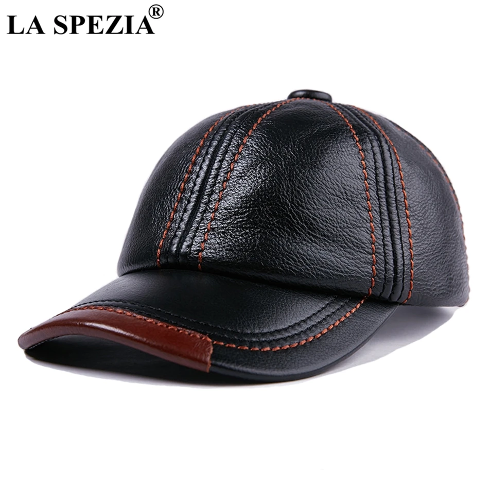 LA SPEZIA Genuine Leather Baseball Cap Men Black Cowhide Hat Snapback Male Adjustable Autumn Winter Real Leather Peaked Hats
