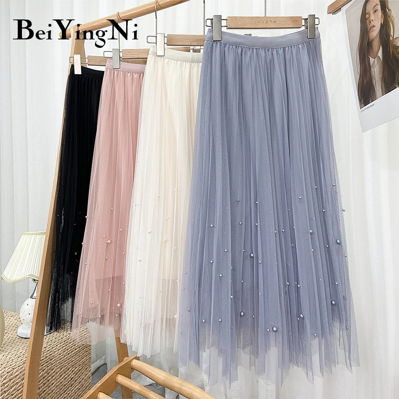 

Beiyingni Tulle Skirts for Woman Solid Color Elegant Kawaii Bridesmaids Party Elastic High Waist Midi Skirt Beading Fashion Saia
