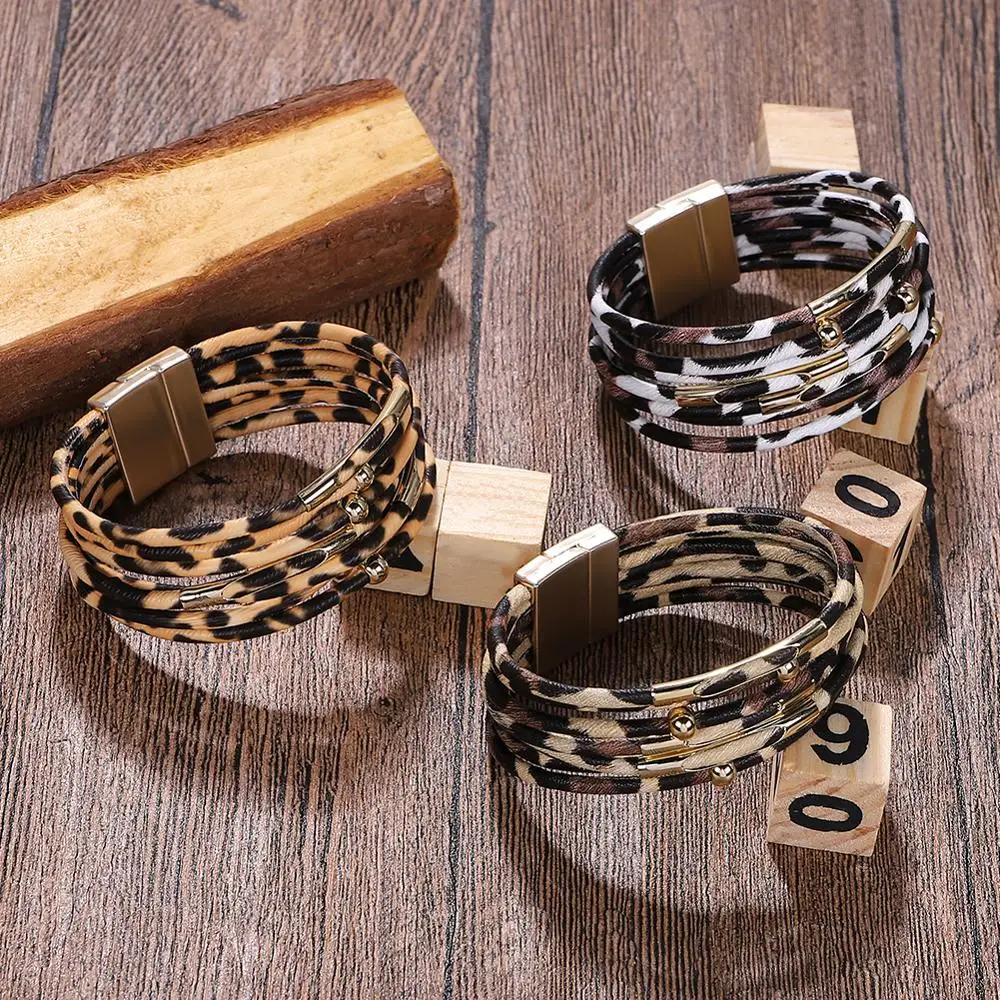 Леопардовые кожаные браслеты для женщин 2019 модные и элегантный многослойный