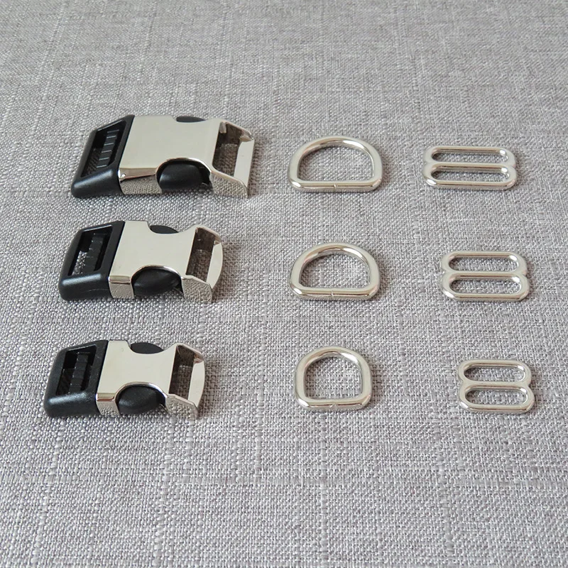 

100sets wholesale15mm 20mm 25mm metal D O ring belt strap release buckle tri-glide slider for dog collar sewing DIY accessory