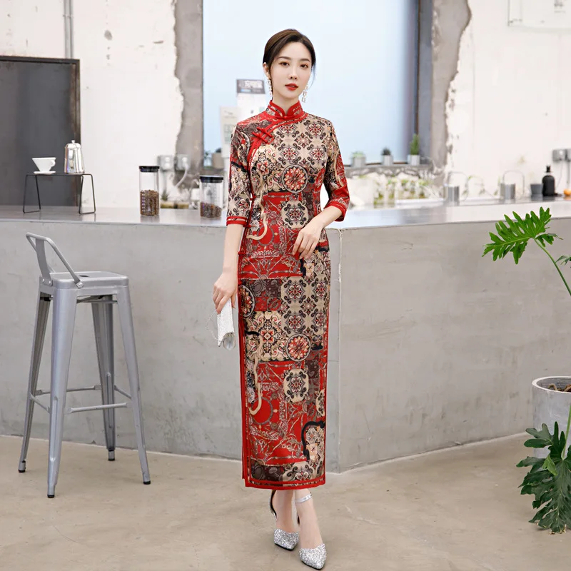 

Винтажное платье-Ципао для женщин, пикантное облегающее банкетное Платье с принтом, длинное китайское платье, классическое платье с воротн...