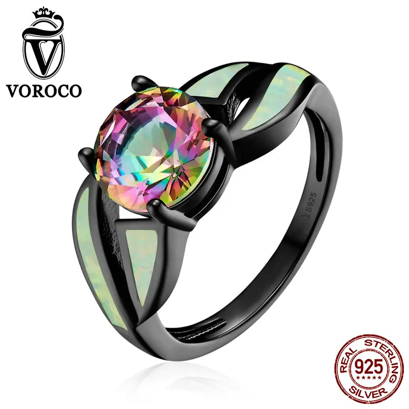VOROCO натуральный 100% Аутентичные 925 Серебряные кольца Роскошные стекло и опал