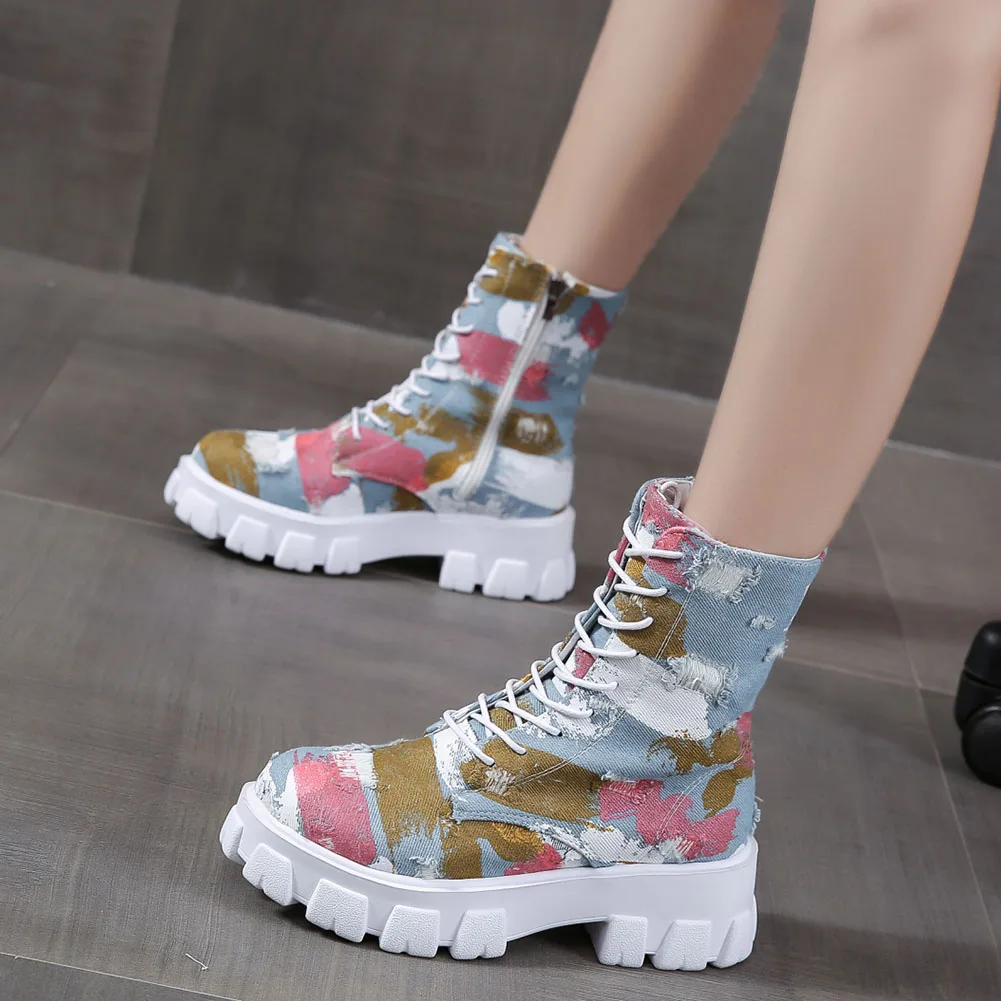 

Womens Denim Ankle Short Boots Lace Up Mixed Color Fashion Comfortable Camouflage Canvas Shoes Woman Graftti Motorcycle Boots