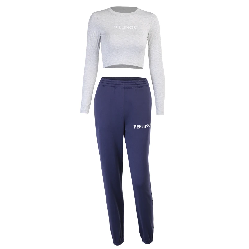 

Instunning Two-piece Women Cotton Autumn Long Sleeve O-neck Slim Tops High Waist Trousers Letter Print Sexy Casual Streetwear