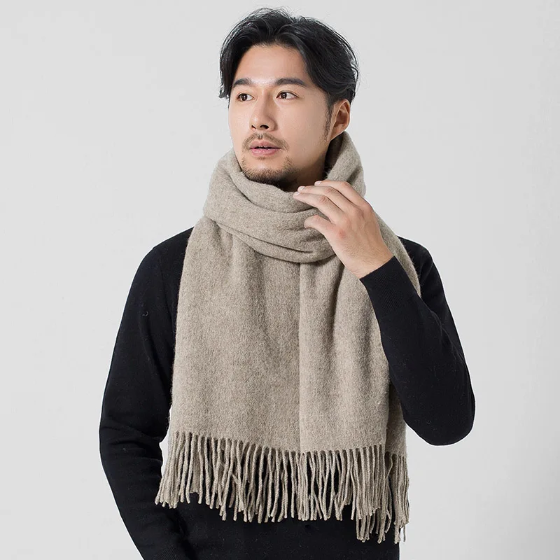 

New 100% Wool Man Scarf Winter With Tassel Grey Luxury Brand Male Warm Shawl Knitted Pure Color Blanket Red Palatine Stole 2021