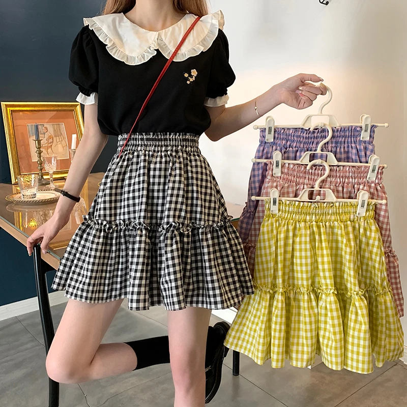 

Women Pleat Skirt 2021 Summer Harajuku Preppy Style Plaid Skirts Mini Elastic Waist Cute Lolita Jupe Kawaii Girl Skirt