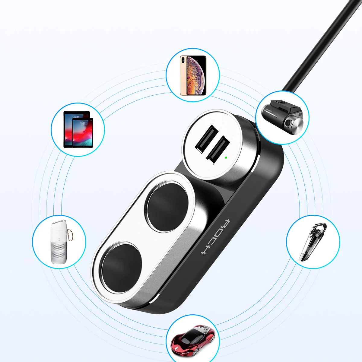 ROCK 2 USB автомобильный разветвитель зарядное устройство розетка для автомобильного прикуривателя для iPhone/iPad/samsung/зарядка для телефона планшета 4.8A автомобильное зарядное устройство