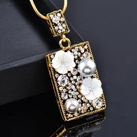 kioozol vintage double rectangle pendant inlaid white flowers grey pearls full paved cz black gun plated long necklace zd1 xs2