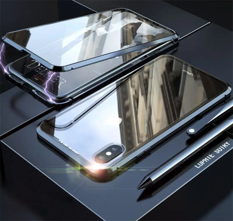 Full Black Роскошный 360 Полный Магнитный прозрачный чехол, чехол для iPhone 11 Pro XS Max X 8 7 Plus 8Plus iPhone прозрачное стекло - Цвет: Full Black