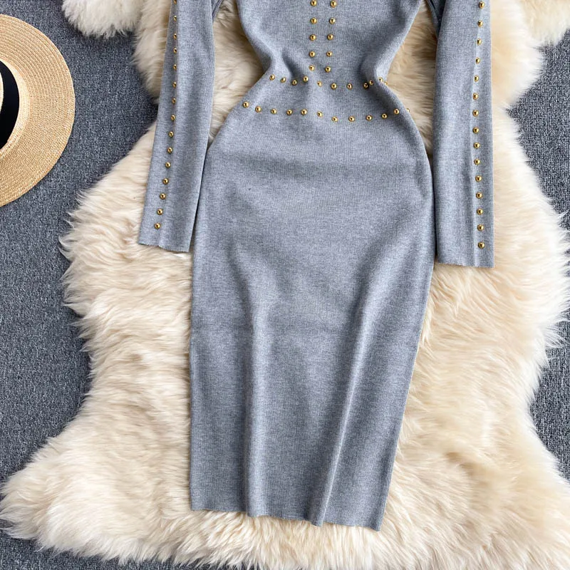 

Women Beading Knitting Sweater Pullover Dress Long Sleeve Elastic Slim Sheath Bodycon Dresses New Autumn