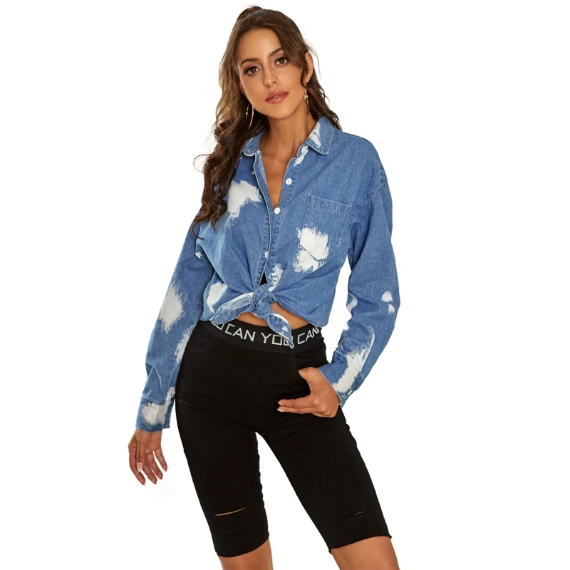 

Women Lapel Collar Tie-dye Denim Jacket Long Sleeve Button Down Jean Coat Blouse M5TE
