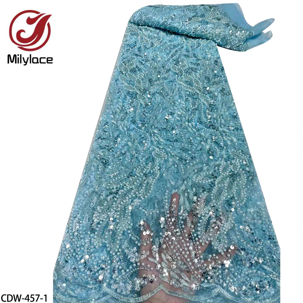 

New High Quatily French Lace Fabric Beads Squin Lace Fabric with Nice Desiger Tulle Sequins Lace Fabric for Party Dress CDW-457