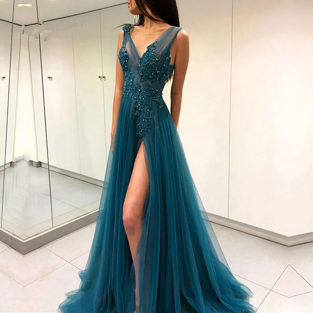 

Sexy Split V-hals Avond Prom Dress Geappliceerd Kralen Tulle Lange Een Lijn Formele Party Jurken Ruglooze Robe De Soiree