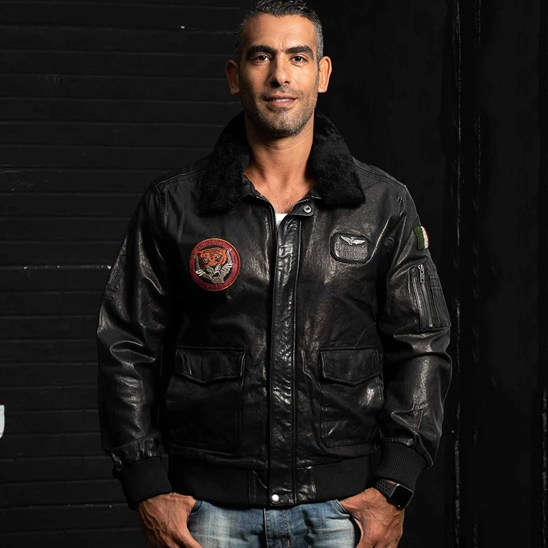 Полета air force меховой воротник натуральная кожа мужские стройная фигура короткий