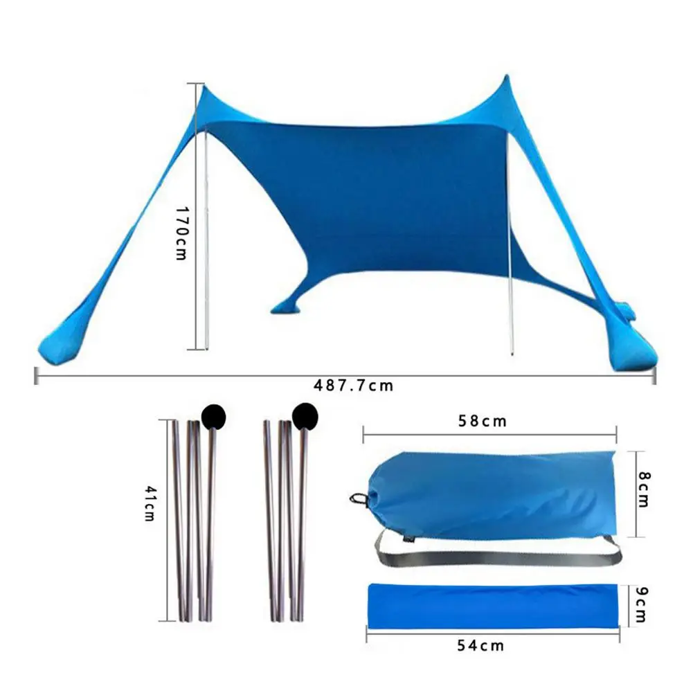 저렴한 480*170cm 해변 차양 경량 휴대용 차양 텐트 샌드백 UPF50 + UV 대형 가족 캐노피 야외 해변 캠핑, 차양 그늘막 그늘막