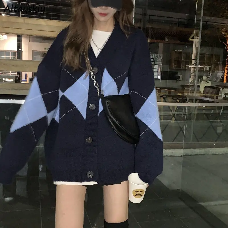 

Cardigans Women Teenagers College Argyle Autumn Aesthetic Ulzzang Knitted Vintage Loose V-Neck Thicken Warm All-match Sweater