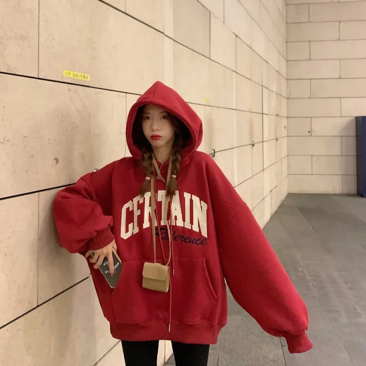 

XZ1013 2021 women Korean version plus velvet thick letter embroidery hooded loose casual jacket red Sweatshirts