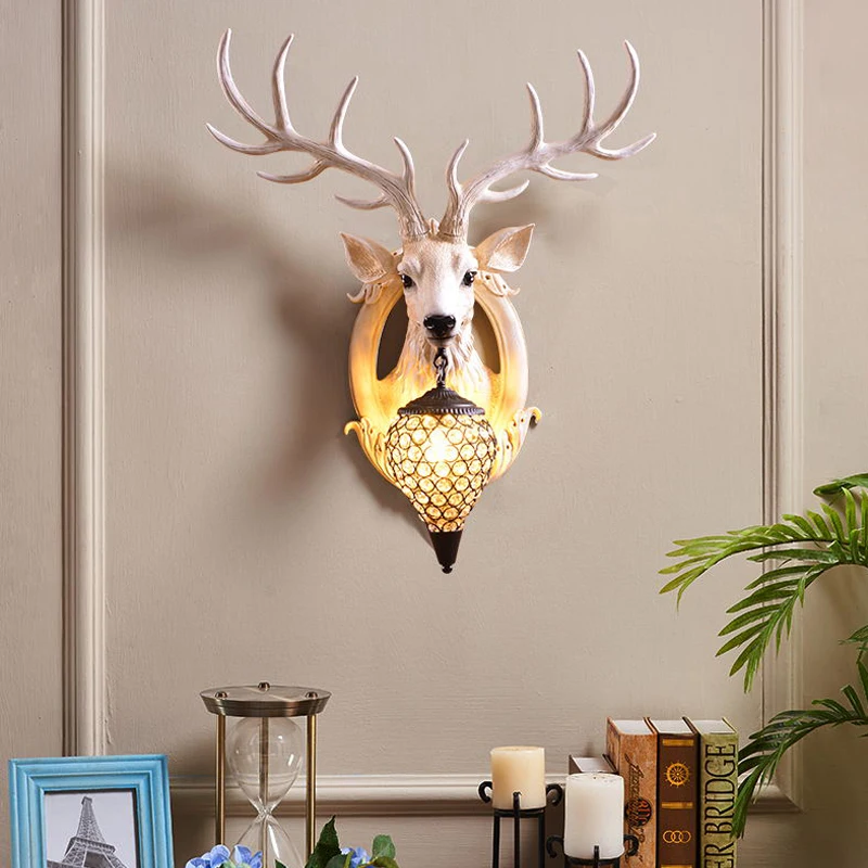 

Lucky Deer Head Wall Lamp Living Room Wall Light Bulb American Style Retro Creative Corridors Hallway Hotel Engineering Lamps