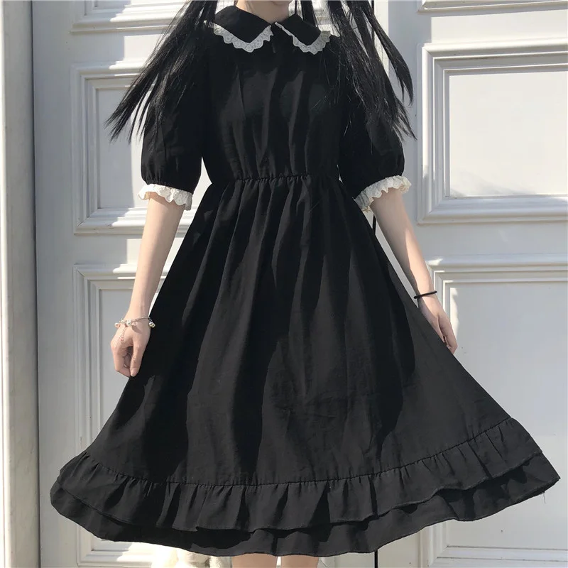 

Japanese Sweet Black Slim Waist Design Summer Dress Vintage Peter Pan Collar Short Sleeve Sundress Girl Kawaii Lace Ruffle Dress