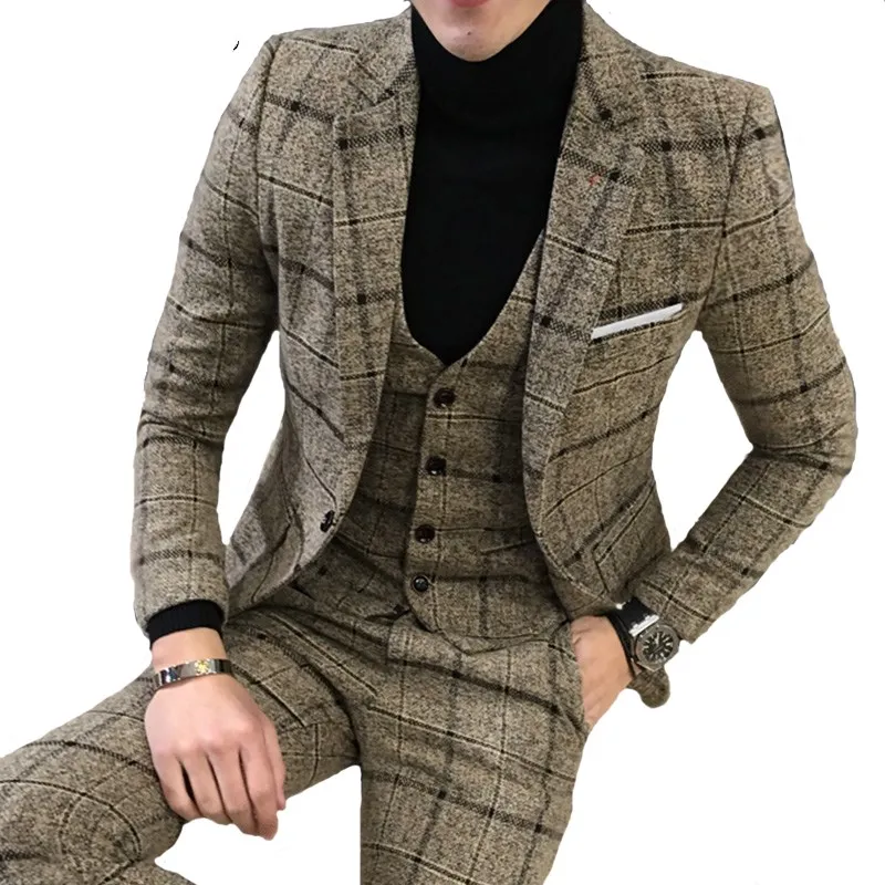 

Luxury 3 Piece Suit Men's Suit Latest Jacket Design Blazer Fashion Plaid Wedding Dress Tuxedo Men's Suit (Blazer+Vest+Pants)