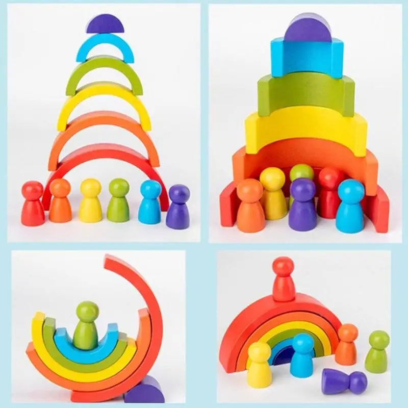 

Rainbow Wooden Baby Toys Montessori Creative Rainbow Building Blocks Wood Game Early Educational Toys for Kids New