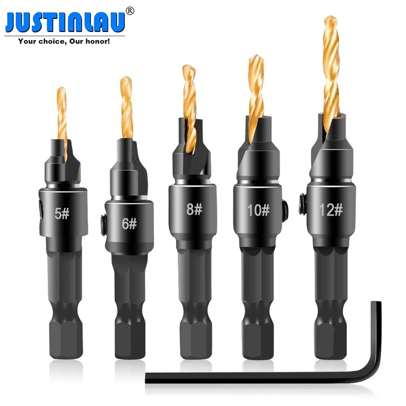 

5pcs Drill Bits Countersink Drill Woodworking Drill Bit Set Wood Cutters Drilling Pilot Holes For Screw Sizes #5 #6 #8 #10 #12