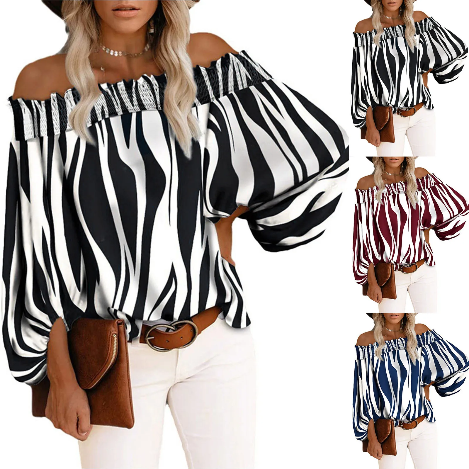 

Блузка женская с длинным рукавом, винтажная рубашка с принтом в Вертикальную Полоску, с открытыми плечами, повседневный пикантный Свободны...