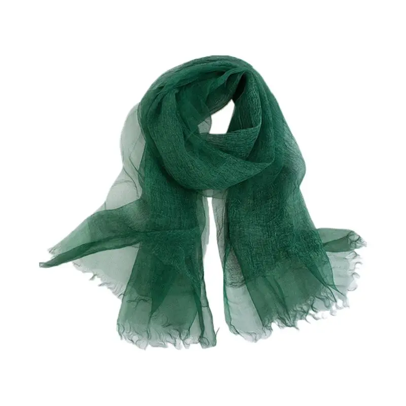 

Womens Summer Double Layer Lightweight Scarf Sheer Solid Color Fringe Large Shawl Vintage Literary Crinkled Sunscreen Head Wrap