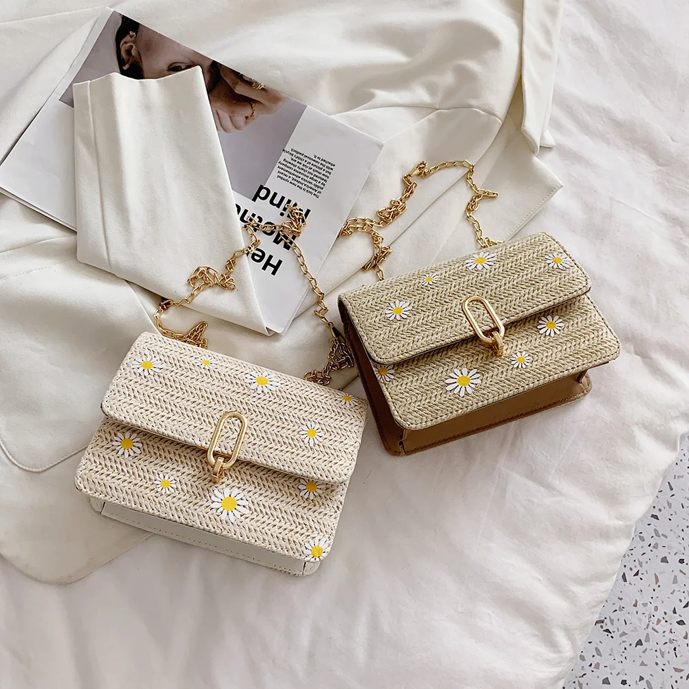 

Модные женские летние пляжные сумки через плечо, мессенджер из искусственной кожи с прострочкой и цветами маргариток, Повседневная Дамская...