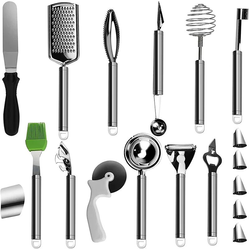 

18-piece Kitchen Utensil Set Stainless Steel Essential Manual Kitchen Tools with Pizza Cutter Bottle Opener Grater Cake Spatula