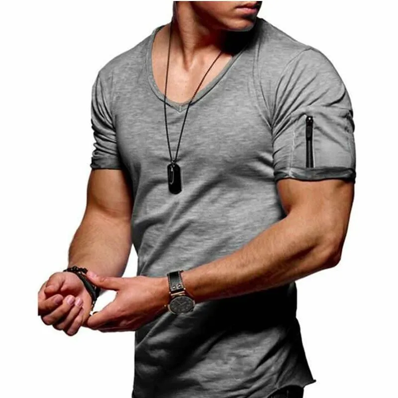 

2021 New Men's V-neck T-shirt Fitness Bodybuilding T-shirt High Street Summer Short-Sleeved Zipper Casual Cotton Top