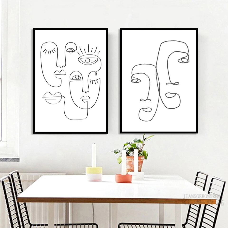 Настенное художественное оформление HD Печать абстрактное лицо лллюстрация Пикассо сплошная линия эскиз живопись Черно-белый плакат Современное украшение