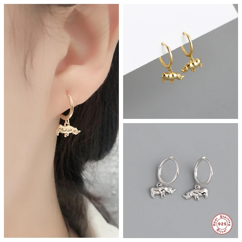 

BOAKO Real 925 Sterling Silver Rhinoceros Hoop Earrings For Fashion Women Party Animal Fine Jewelry Minimalist Punk Accessories