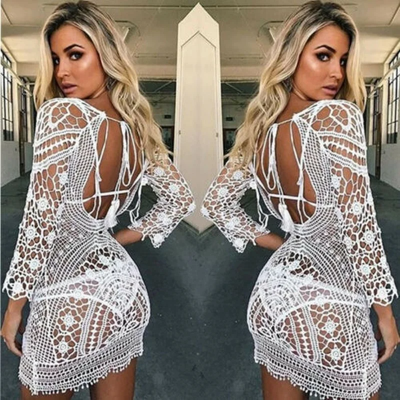 

Crochet Swimwear Cover Up Women White Lace Tunic Beach Dress Bohemian Backless Bathing Suit Bikini Swimming Beach Wear White New