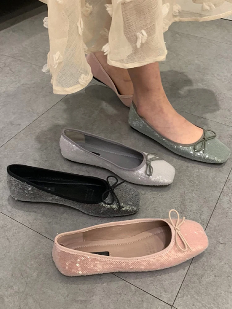 Женская обувь в Корейском стиле с квадратным носком Туфли бантом на плоской