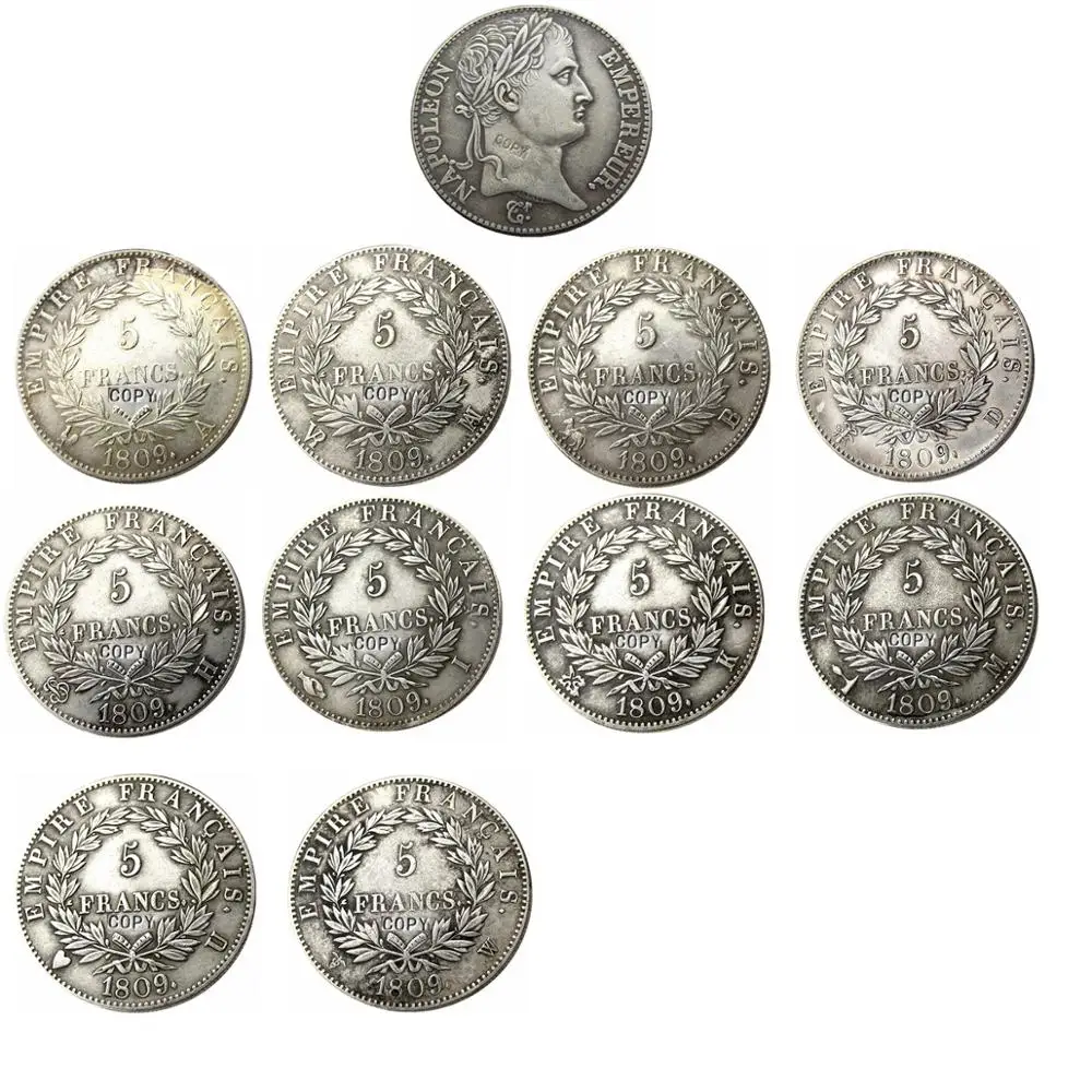 Копировальные монеты покрытые серебром Франция 5 франков 1809 10 различных