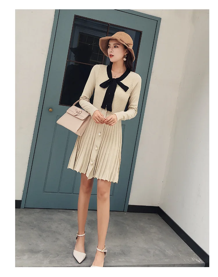 2018 осеннее и зимнее женское платье с воротником шарфом бантом плиссированное