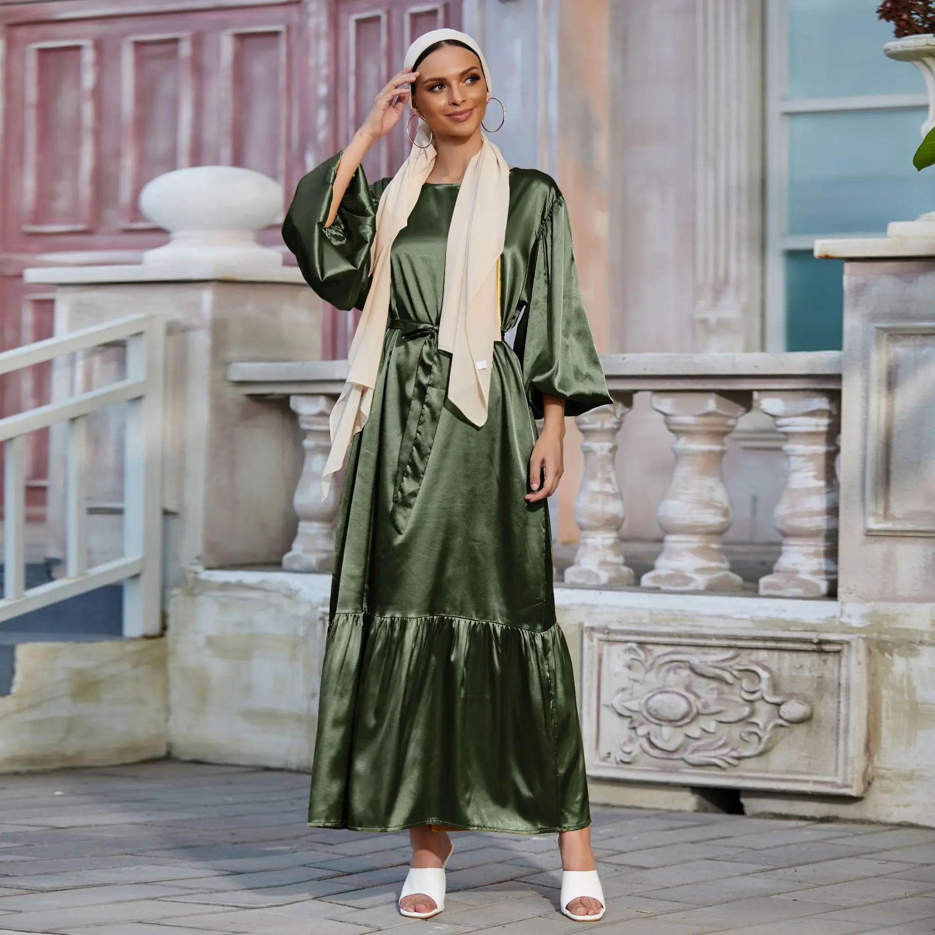 Мусульманское шелковое атласное платье Рамадан Eid Mubarak Abaya с пышными рукавами