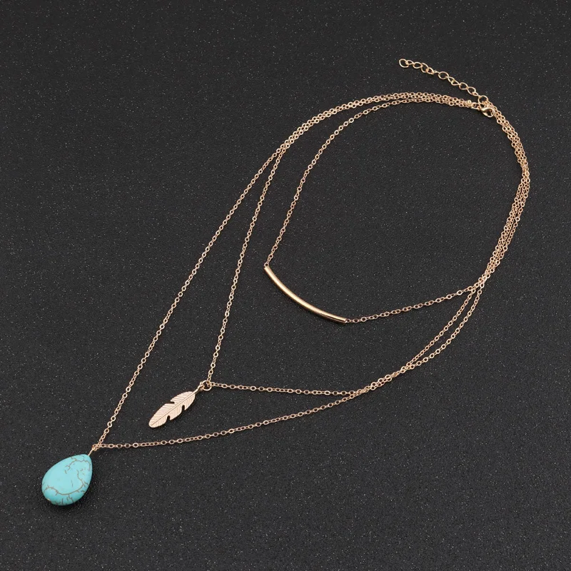 

New Trendy Multilayer Long Turquoise Stone Feather Pendant Chain Necklaces & Pendants Choker Necklace for women Jewelry