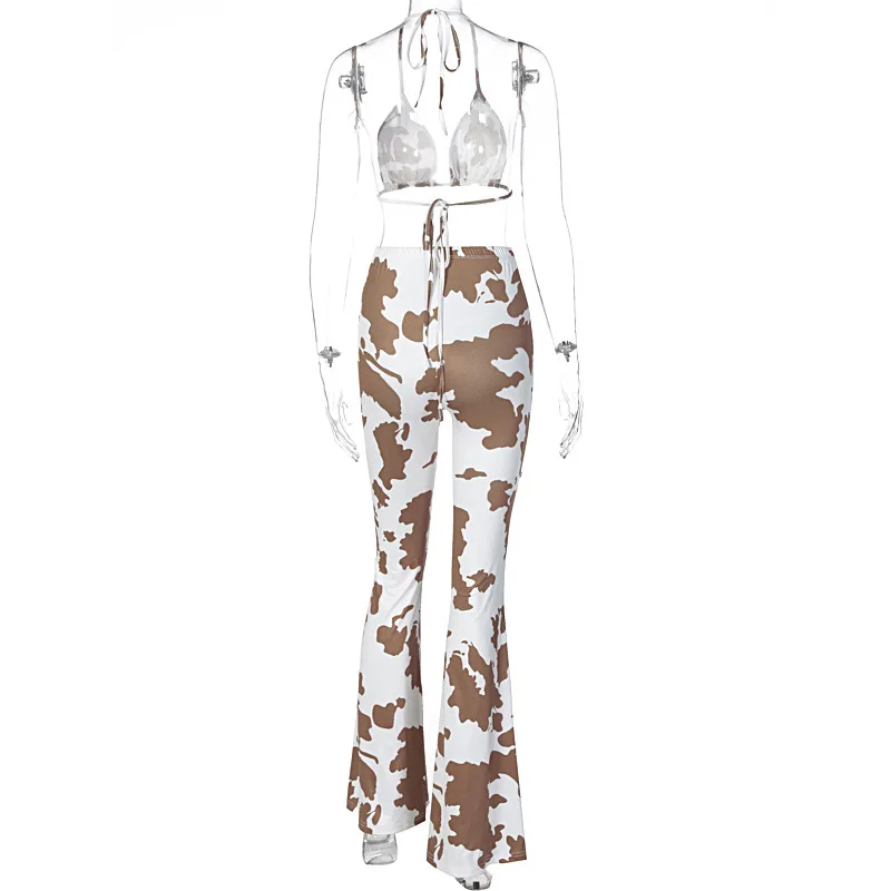 

Artsu 2020 Dairy Cow Print Tie Dye Women Two Piece Set Halter Bra Lace Up Flare Pants Bell High Waist Lady Sexy Matching 41769