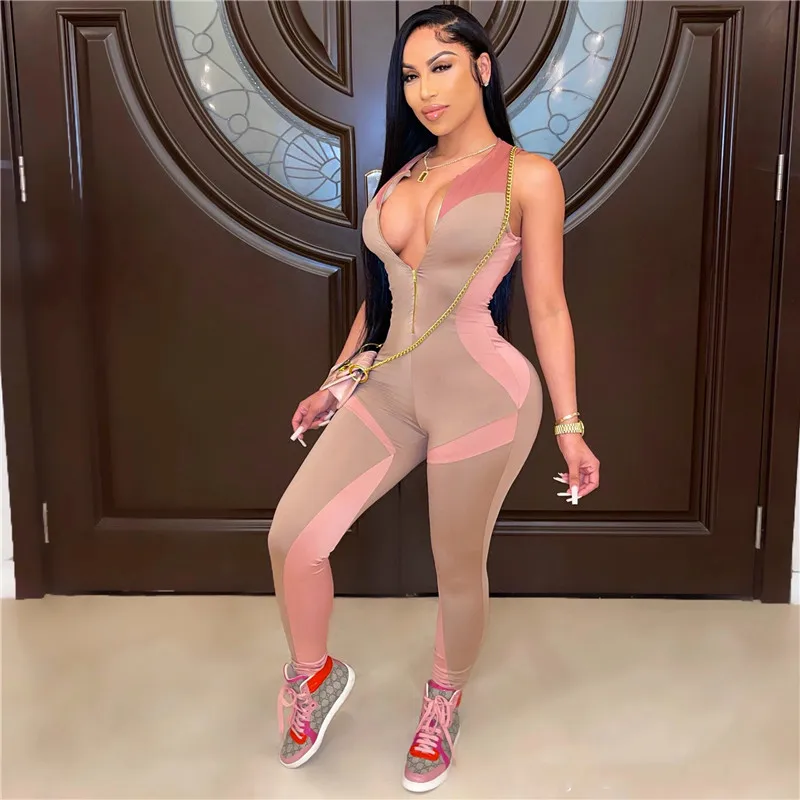 

Women Summer Stretchy Bodysuits Slim Sport Long Tracksuit Jumpsuit Printed Zipper Large Size Bodysuit Pants One piece Overalls