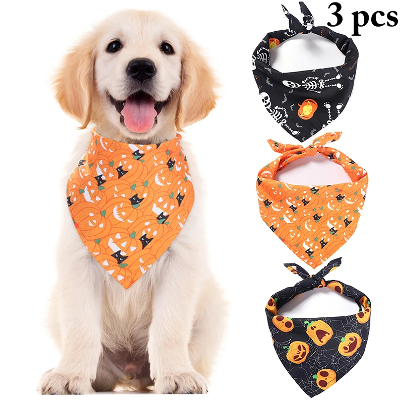 

3pcs Dog Bandanas Pet Scarf Pet Bandana For Dog Halloween Pumpkin WashableBow ties Collar Cat Dog Scarf Large Dog Accessories