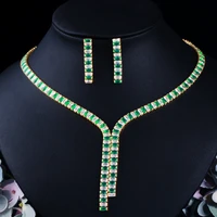 cwwzircons green cz necklace and earrings womens costume jewelry set for engagement wedding accessories african gold color t533