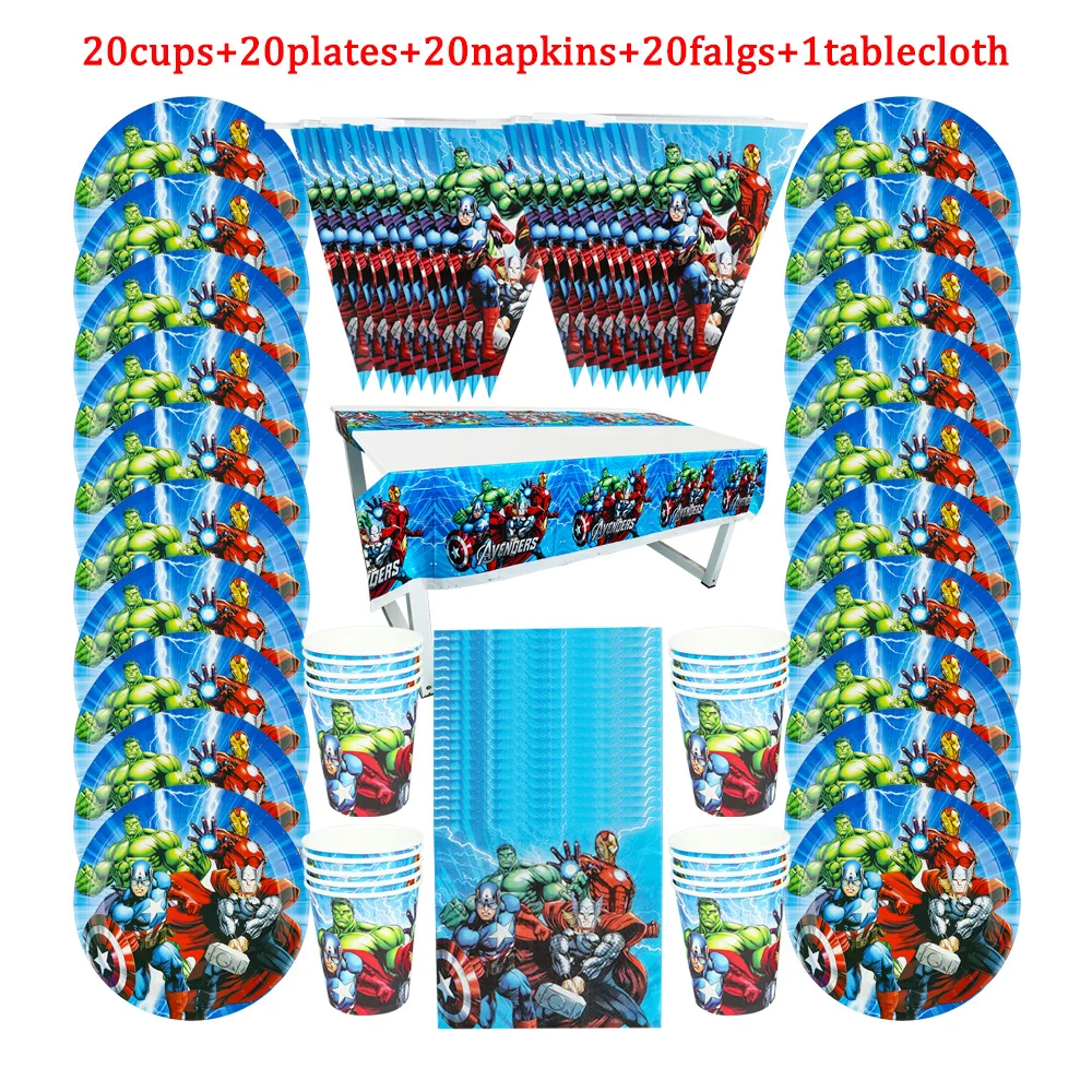 

81 шт. одноразовая посуда в мультяшном стиле Мстители, бумажная тарелка для детского дня рождения + чашка + салфетка + флаг + скатерть, товары для вечеринок