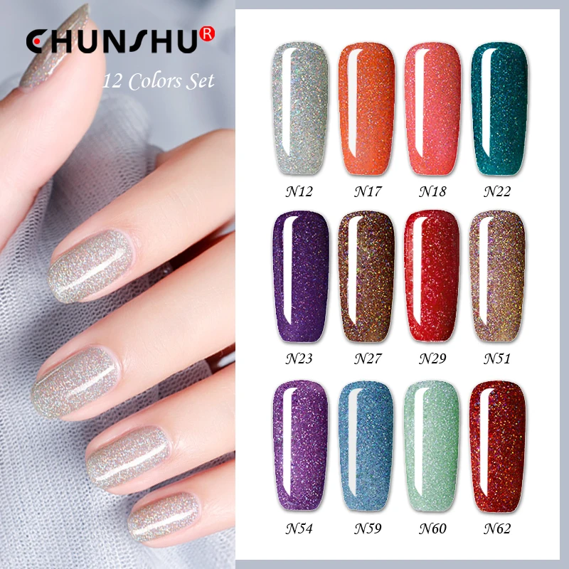 

CHUNSHU 12 Pcs Shiny Glitter Gel Nail Polish Semi Permanant Uv Resin Tops Base Coat Kit Primer Nail Art Manicure Set 8 Ml Black