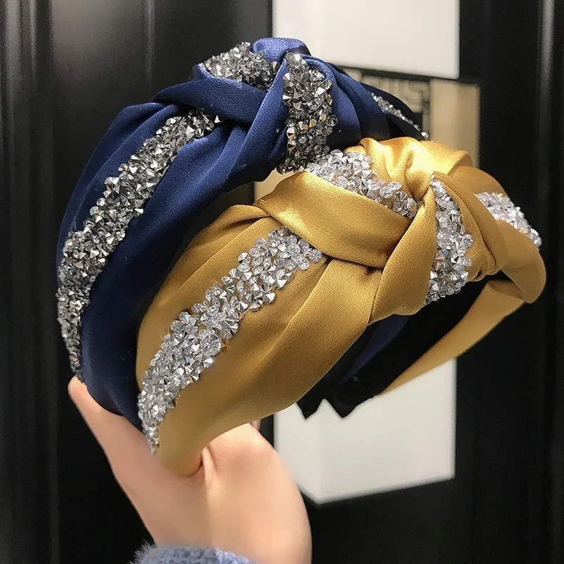 

New Fashion Rhinestone Hairband Women Solid Wide Side Headband Middle Knot Turban Girls Autumn Winter Hair Accessories Headwear