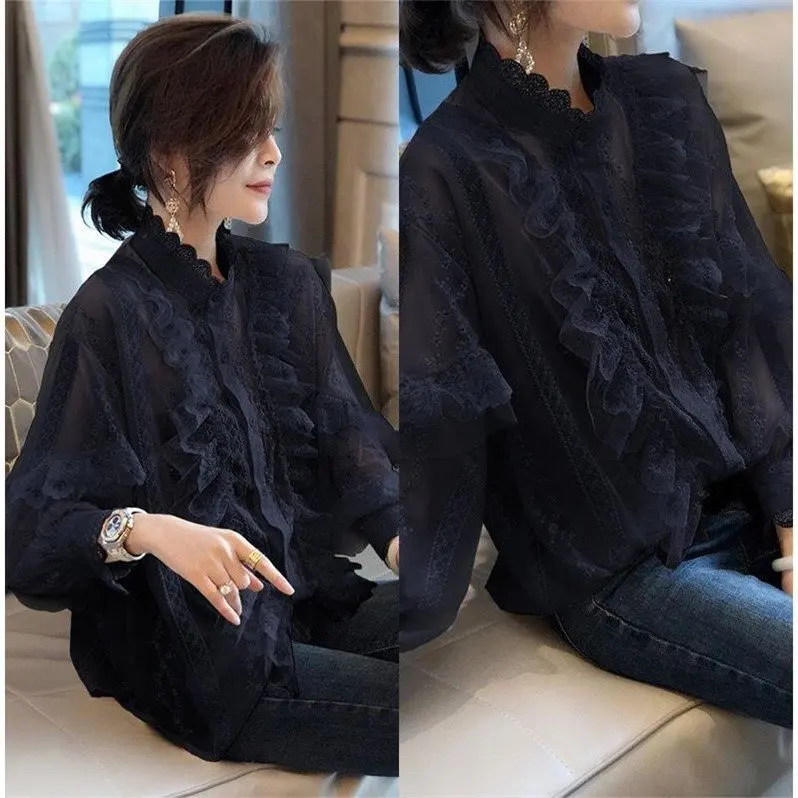 

2021 New Women Lace Shirt Soft Lace Stand Collar Ear Side Sweet Shirt Long Sleeve Super Fairy Blouse Shirt C125