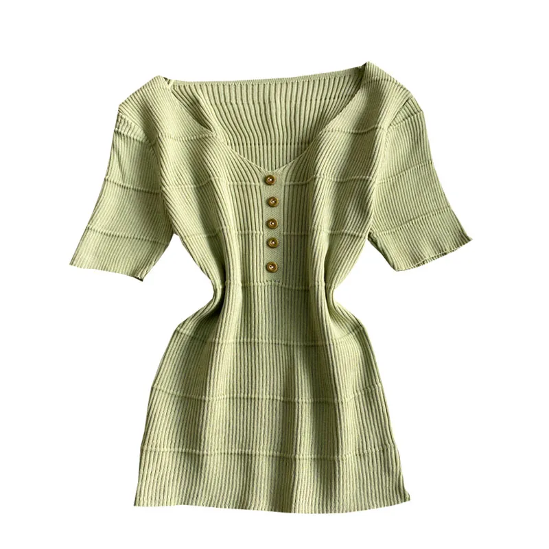 Однотонная трикотажная футболка с V-образным вырезом новая женская коротким